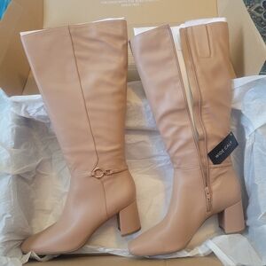 Wide Calf Knee-High Block Heel Boots in Taupe